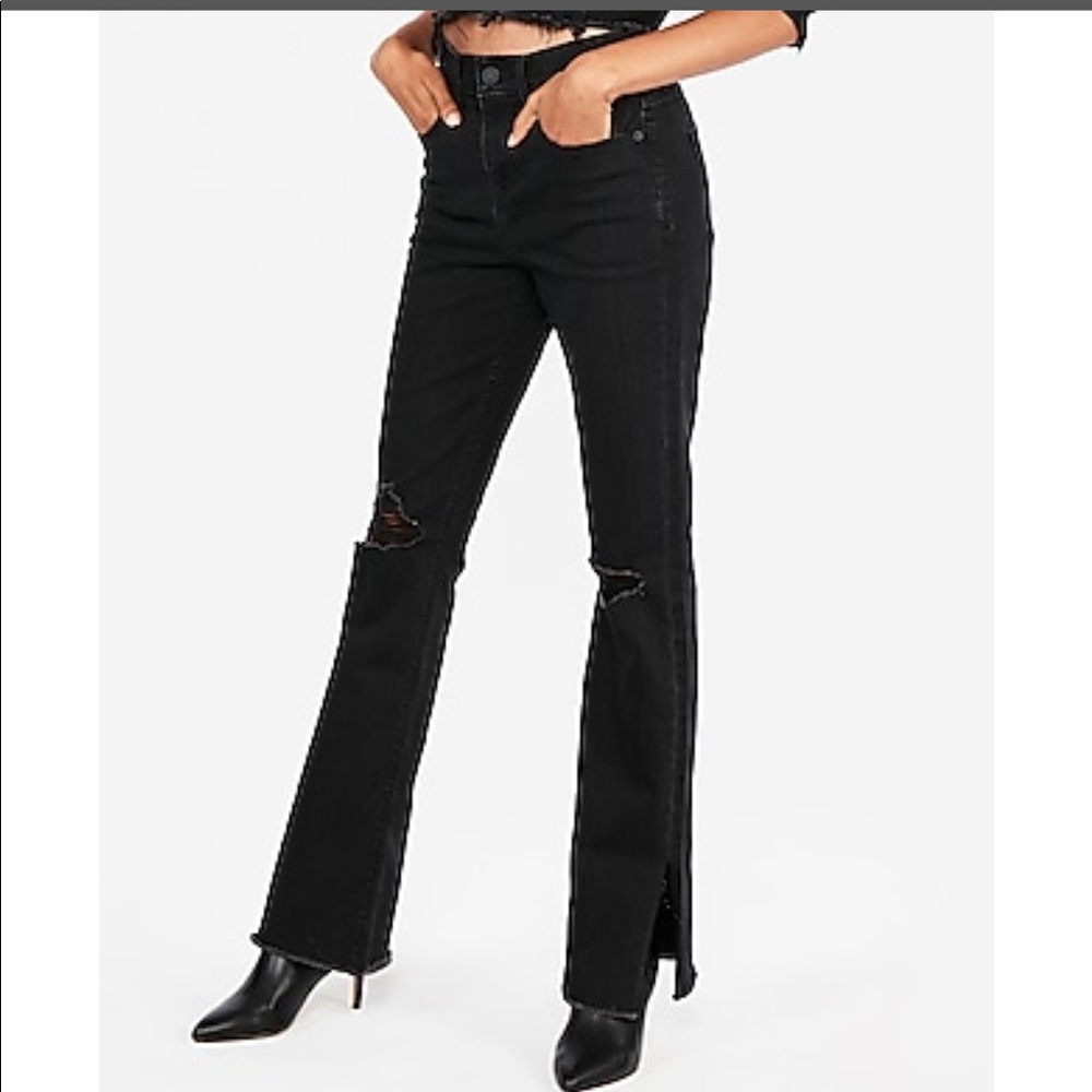 Express High Waisted Black Ripped Bootcut Jeans